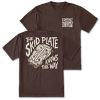 A dark brown short-sleeve t-shirt shown from both the front and back. The front features a small white graphic on the left chest reading 'CONTACT CONFIRMED' with a small logo.