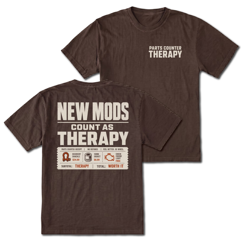Espresso T-Shirt with Parts Counter Therapy front design and New Mods Count As Therapy back design shown in front and back views by Trail Snark.
