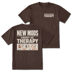 Espresso T-Shirt with Parts Counter Therapy front design and New Mods Count As Therapy back design shown in front and back views by Trail Snark.