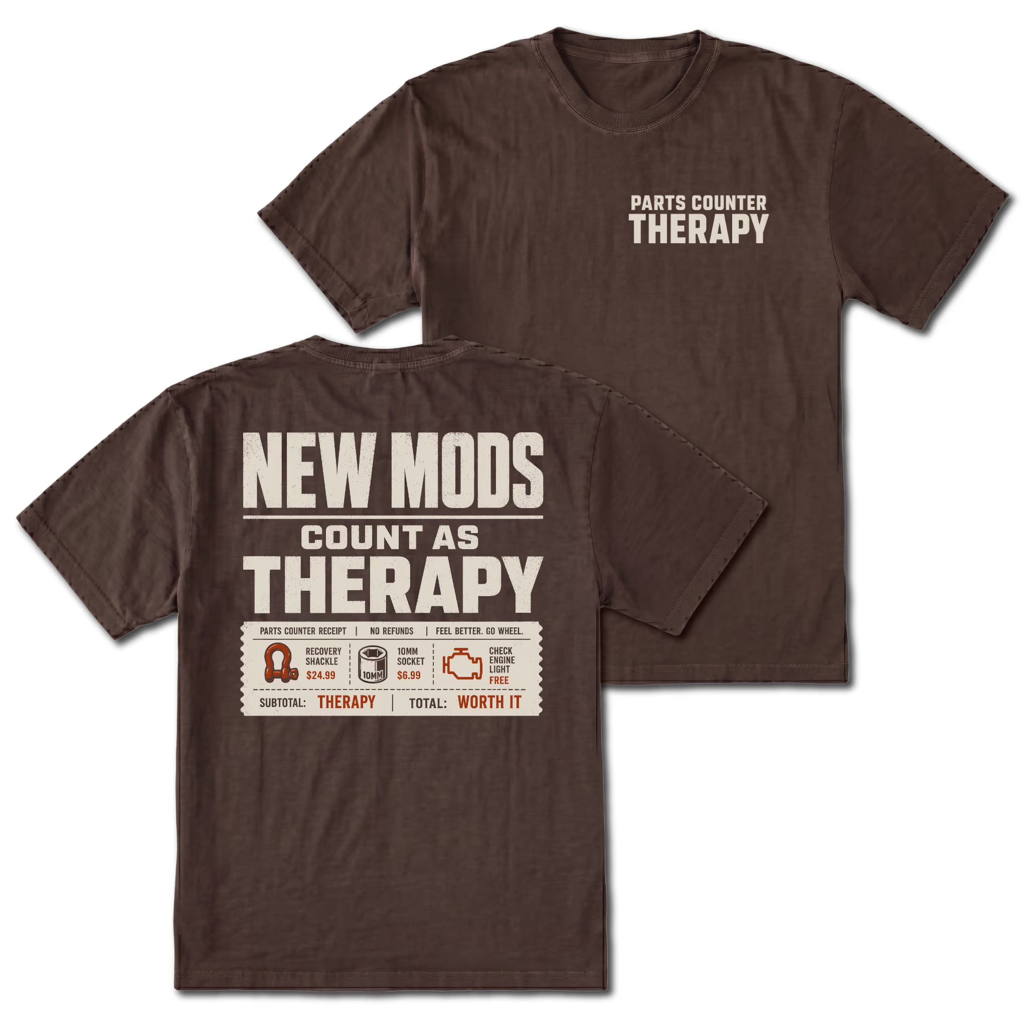 Espresso T-Shirt with Parts Counter Therapy front design and New Mods Count As Therapy back design shown in front and back views by Trail Snark.