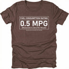 Espresso t-shirt featuring a fuel consumption rating graphic reading 0.5 MPG measured in liters per minute shown from the front by Trail Snark.