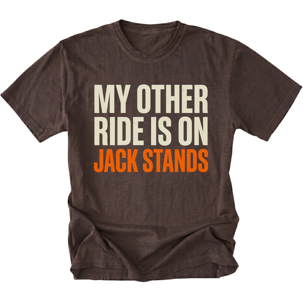 Espresso t-shirt with My Other Ride Is On Jack Stands text design shown front view by Trail Snark.