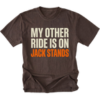 Espresso t-shirt with My Other Ride Is On Jack Stands text design shown front view by Trail Snark.
