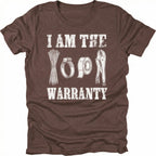 Espresso t-shirt with text reading I Am The Warranty and illustrations of zip ties, duct tape, and vice grips.