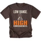 Espresso T-shirt featuring the Low Range High Consequences design with a transfer case shifter on the front by Trail Snark.