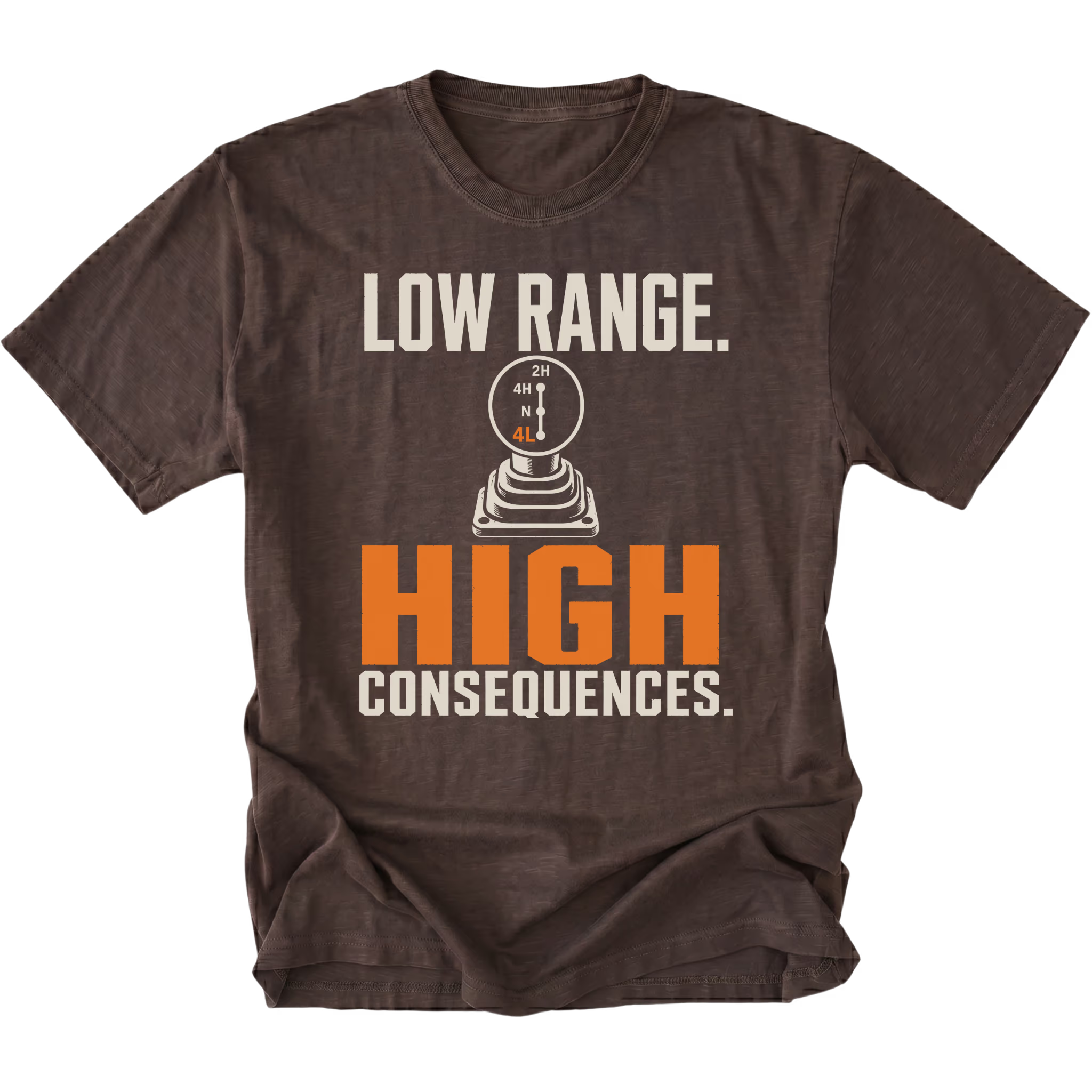 Espresso T-shirt featuring the Low Range High Consequences design with a transfer case shifter on the front by Trail Snark.