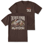 Two brown short-sleeve graphic T-shirts shown on a white background, with the front view behind and the back view in front. The front chest has small 'TRAIL TAX' text in orange and off-white.