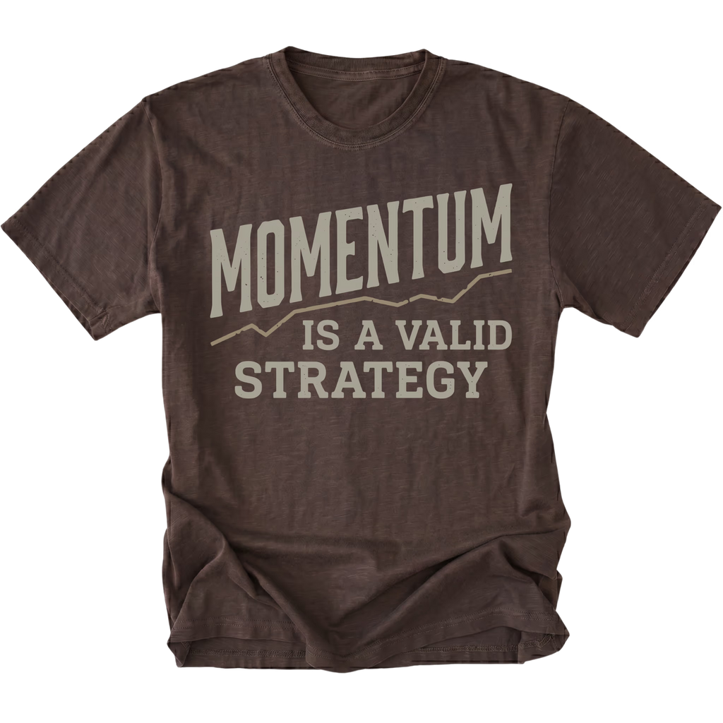 A dark brown heathered t-shirt with a distressed graphic print that reads 'MOMENTUM IS A VALID STRATEGY' in a light beige font, displayed flat against a solid white background.