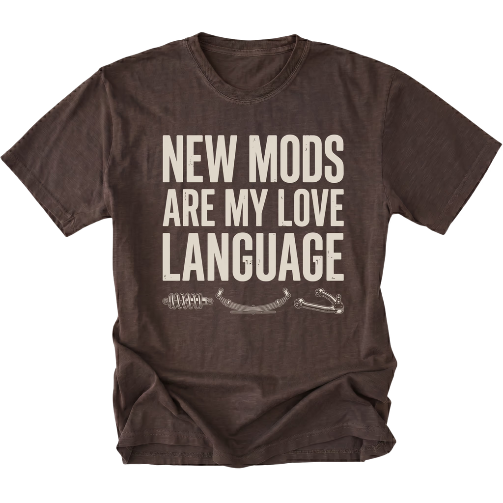 Espresso t-shirt with distressed white text reading New Mods Are My Love Language and small suspension component illustrations underneath.