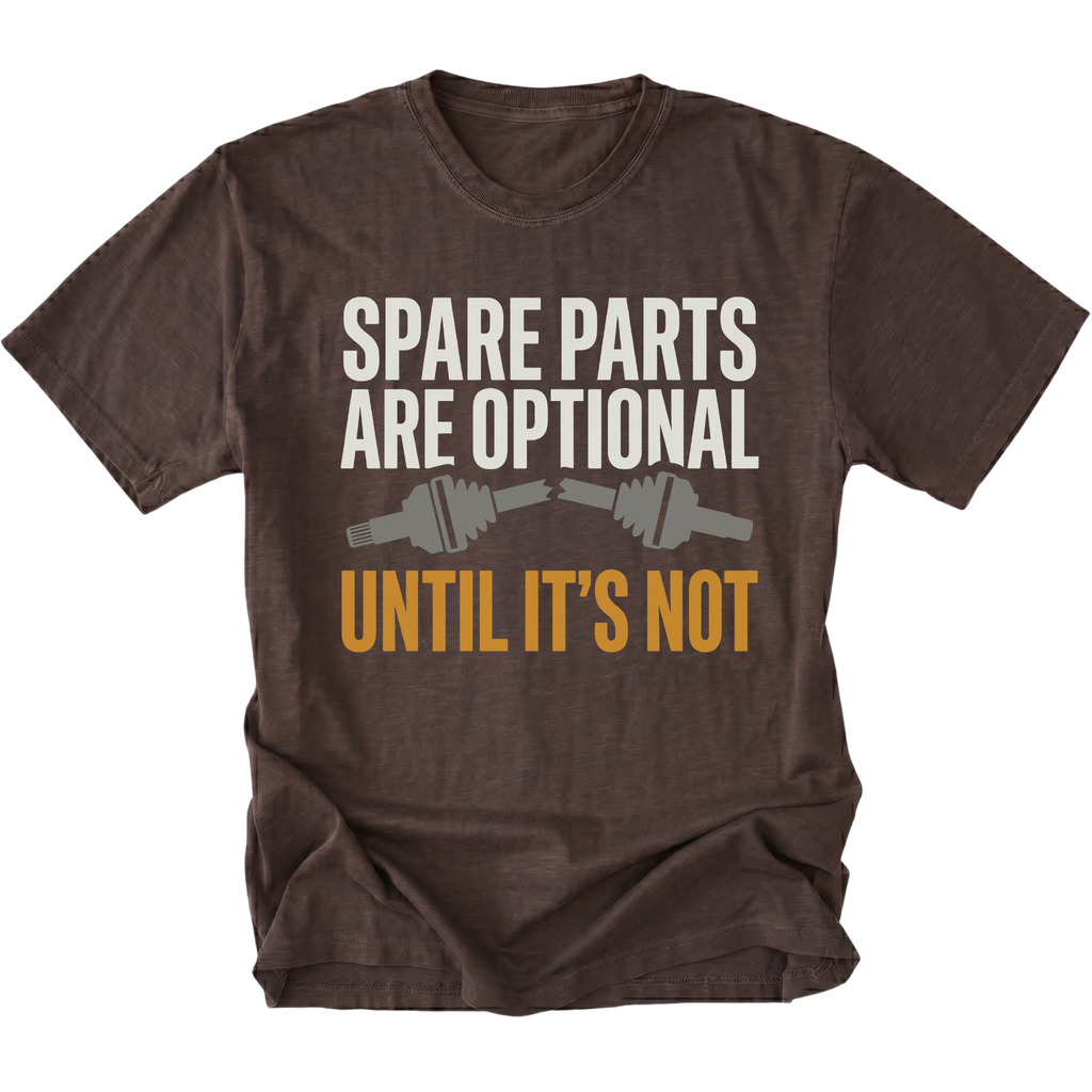 Espresso T-Shirt featuring the Spare Parts Are Optional Until It’s Not design with a broken axle graphic on the front view by Trail Snark.