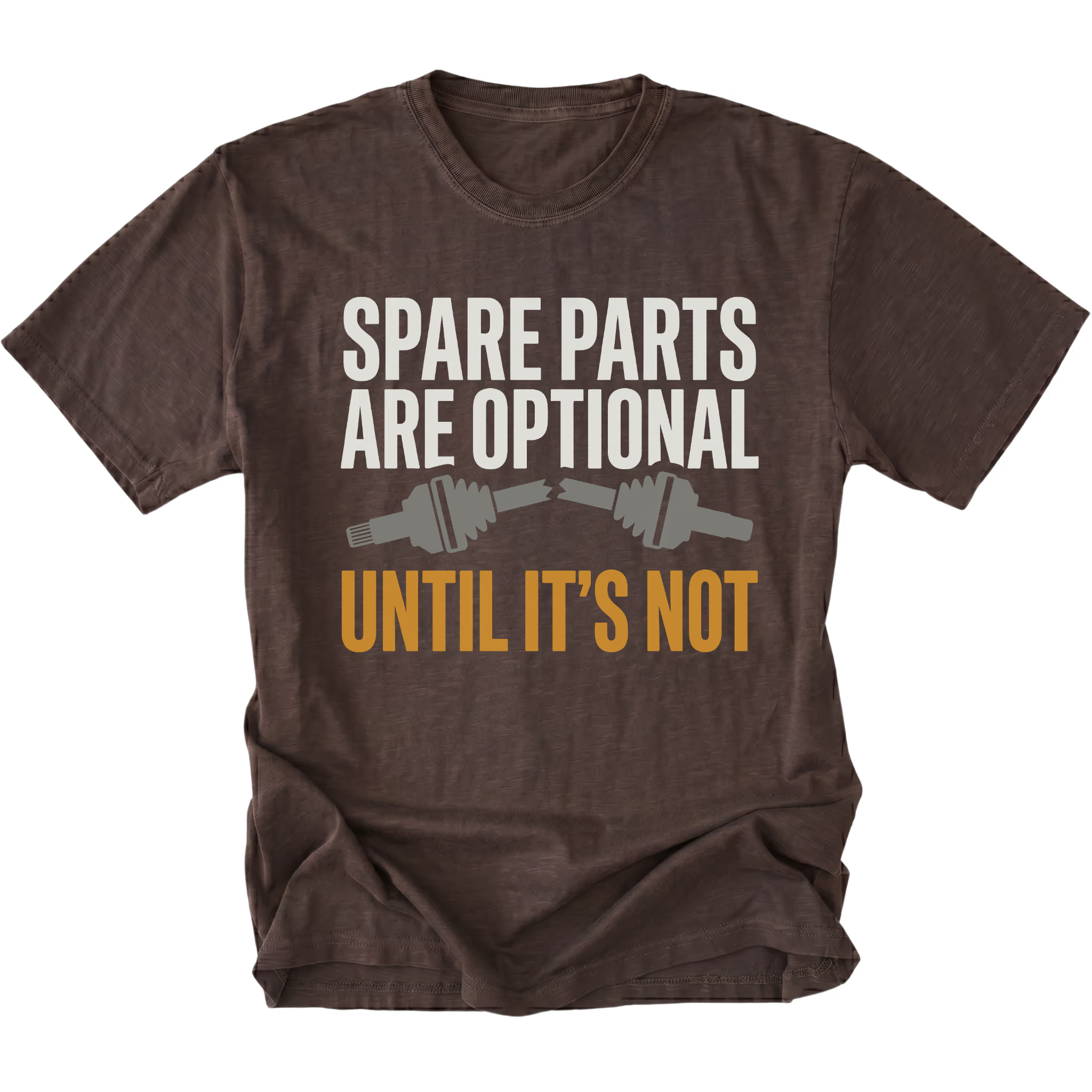 Espresso T-Shirt featuring the Spare Parts Are Optional Until It’s Not design with a broken axle graphic on the front view by Trail Snark.