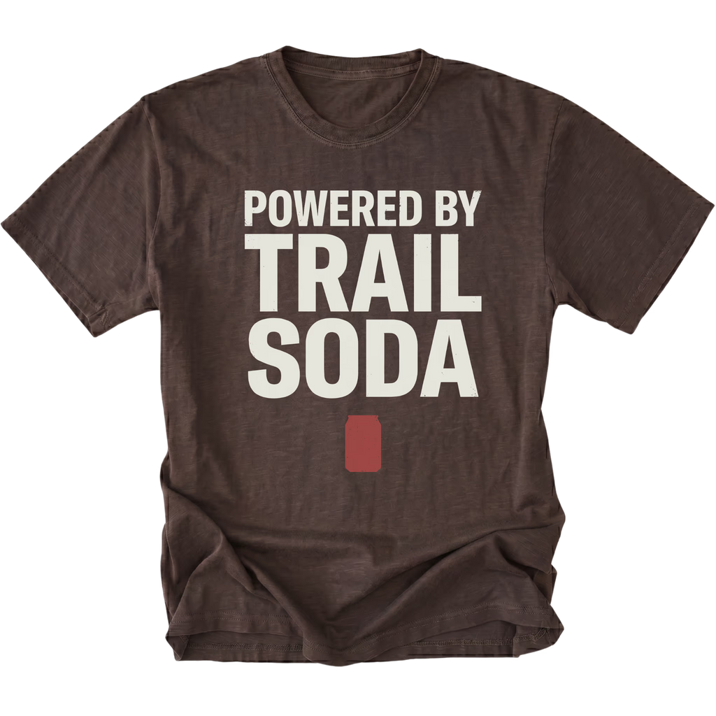 Espresso T-Shirt featuring the Powered by Trail Soda design with a red can graphic on the front view by Trail Snark.