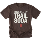 Espresso T-Shirt featuring the Powered by Trail Soda design with a red can graphic on the front view by Trail Snark.