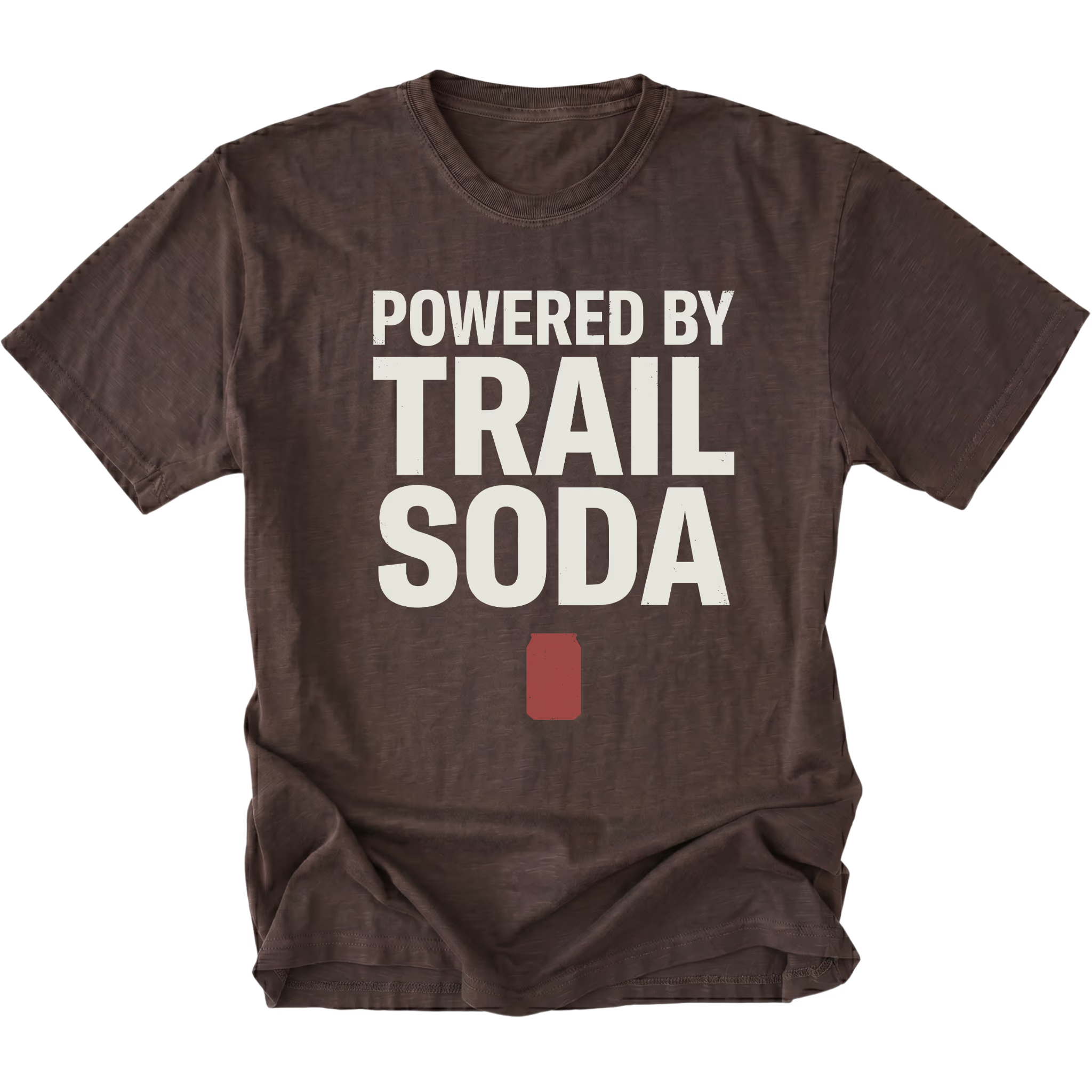 Espresso T-Shirt featuring the Powered by Trail Soda design with a red can graphic on the front view by Trail Snark.