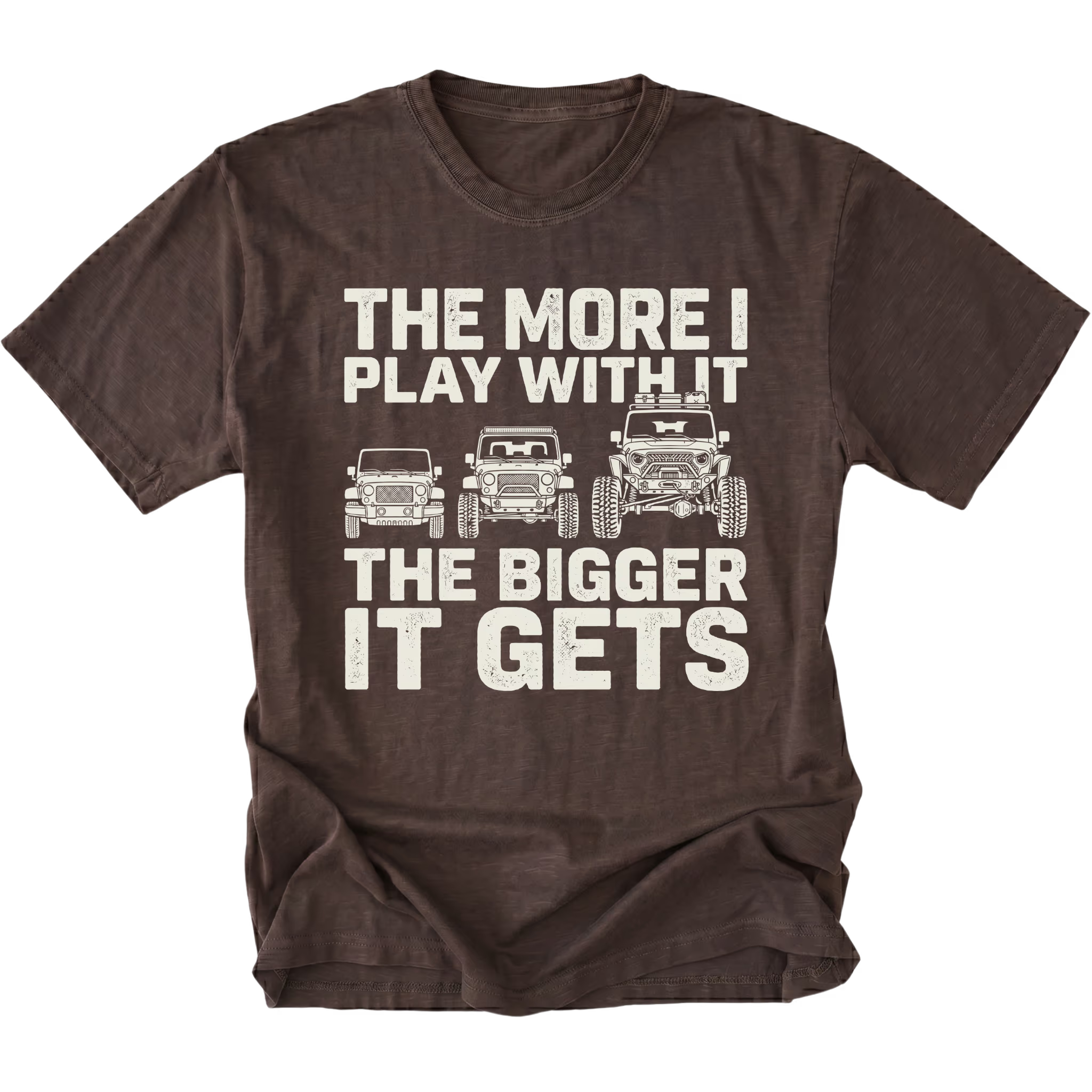 Espresso T-Shirt featuring The More I Play With It The Bigger It Gets design with three progressively built Jeeps on the front view by Trail Snark.