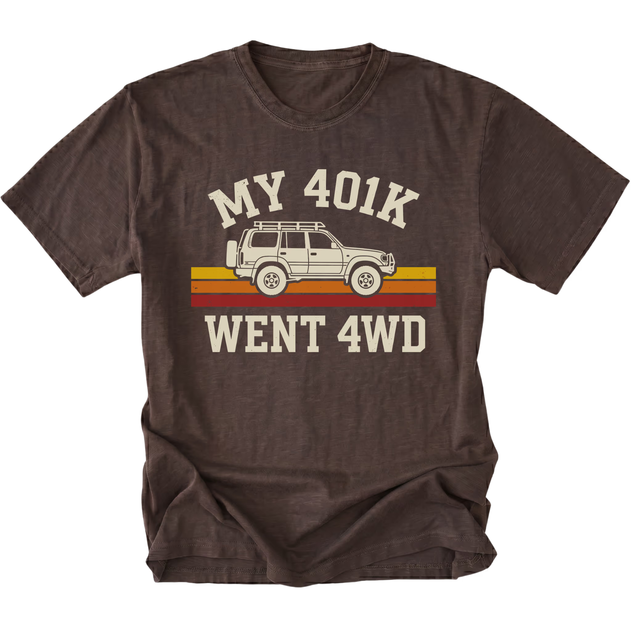 Espresso T-Shirt featuring My 401K Went 4WD design with off-road SUV graphic on front view by Trail Snark.
