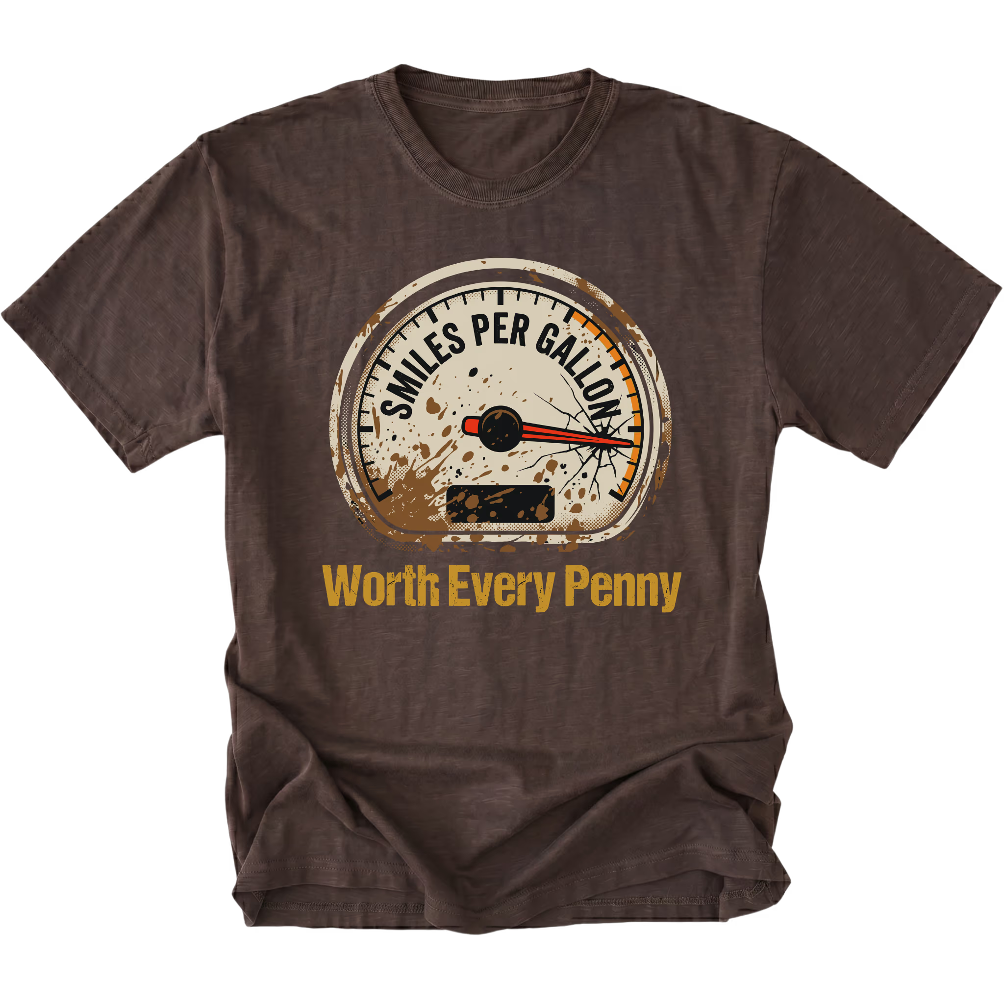 Espresso T-Shirt featuring Miles Per Gallon gauge with Worth Every Penny design on front view by Trail Snark.