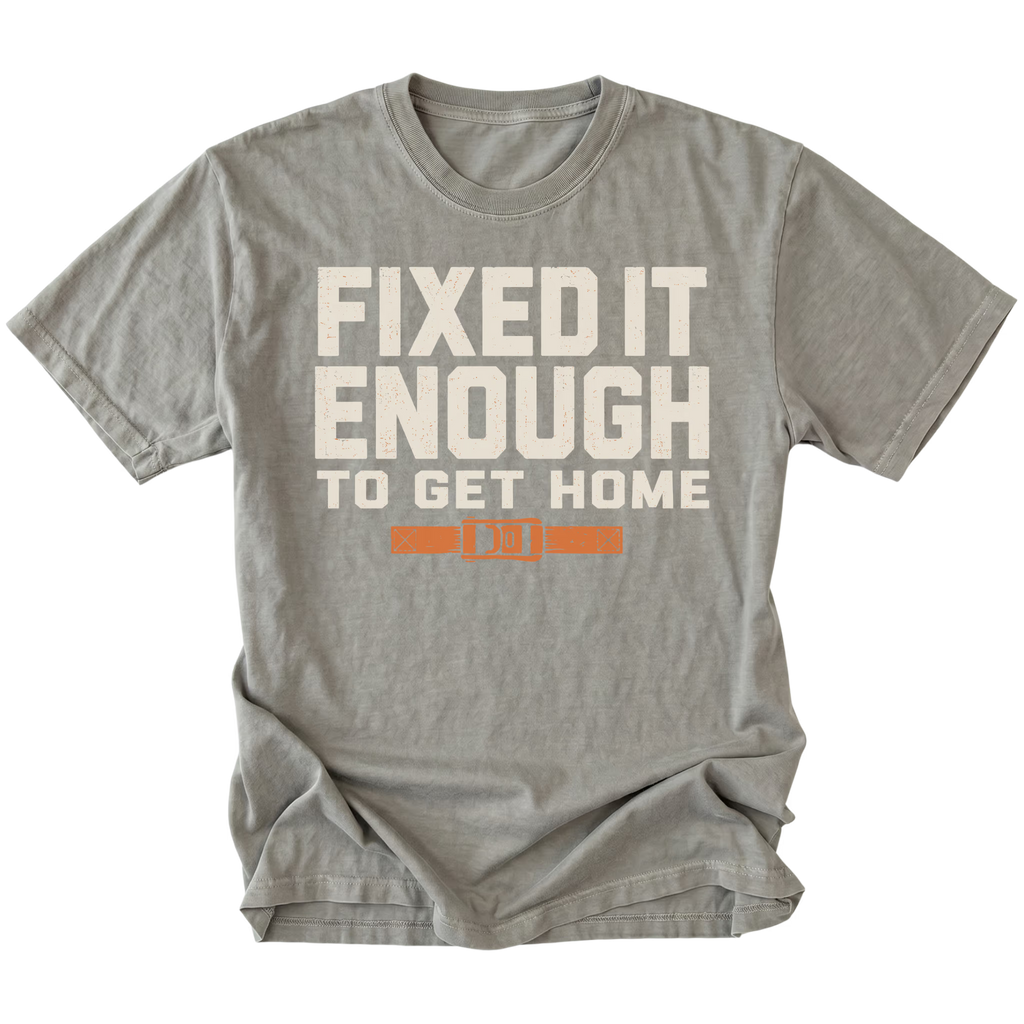 Grey T-Shirt with Fixed It Enough To Get Home trail repair design shown from the front by Trail Snark.