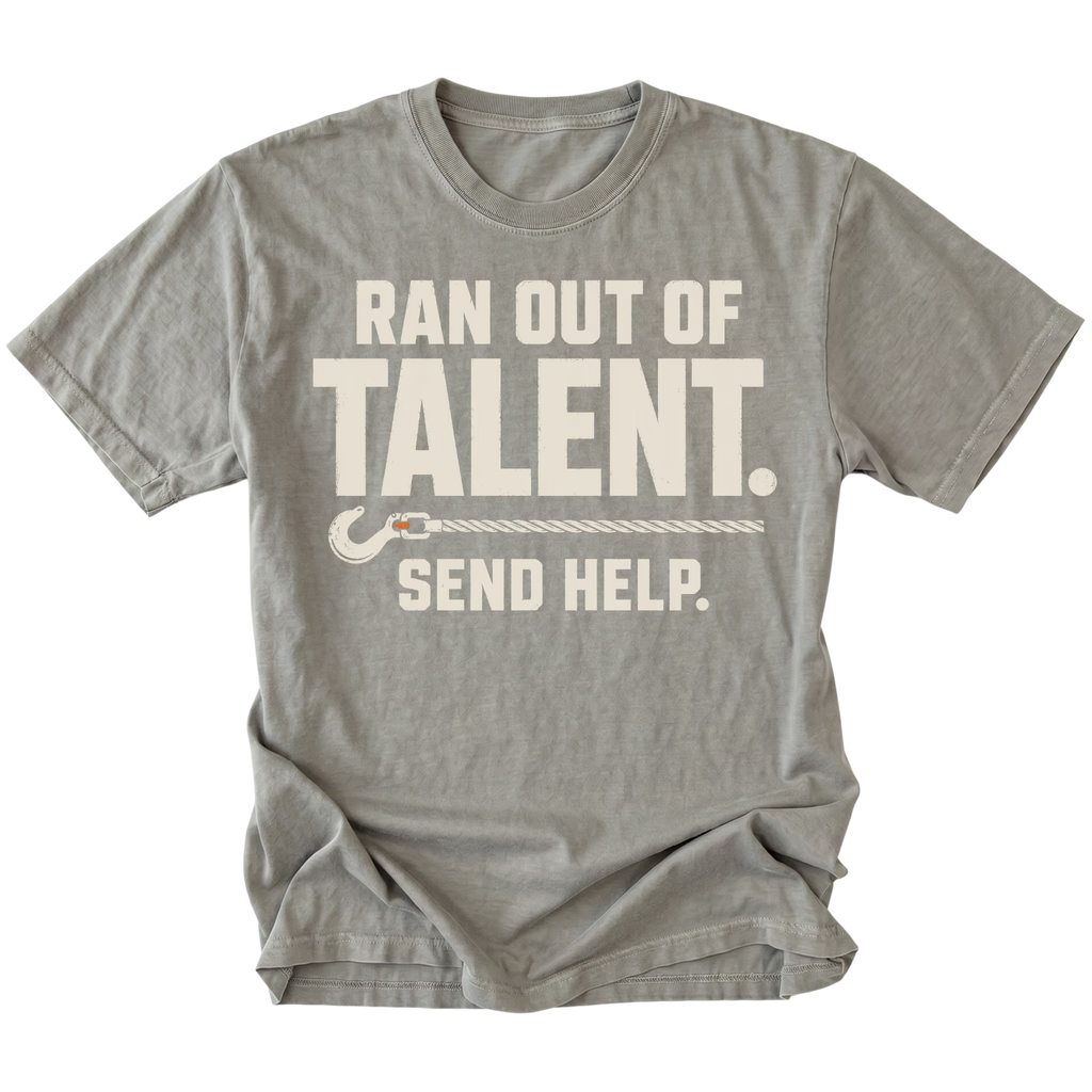 Grey T-shirt featuring the Out of Talent recovery hook design on the front by Trail Snark.