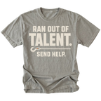 Grey T-shirt featuring the Out of Talent recovery hook design on the front by Trail Snark.