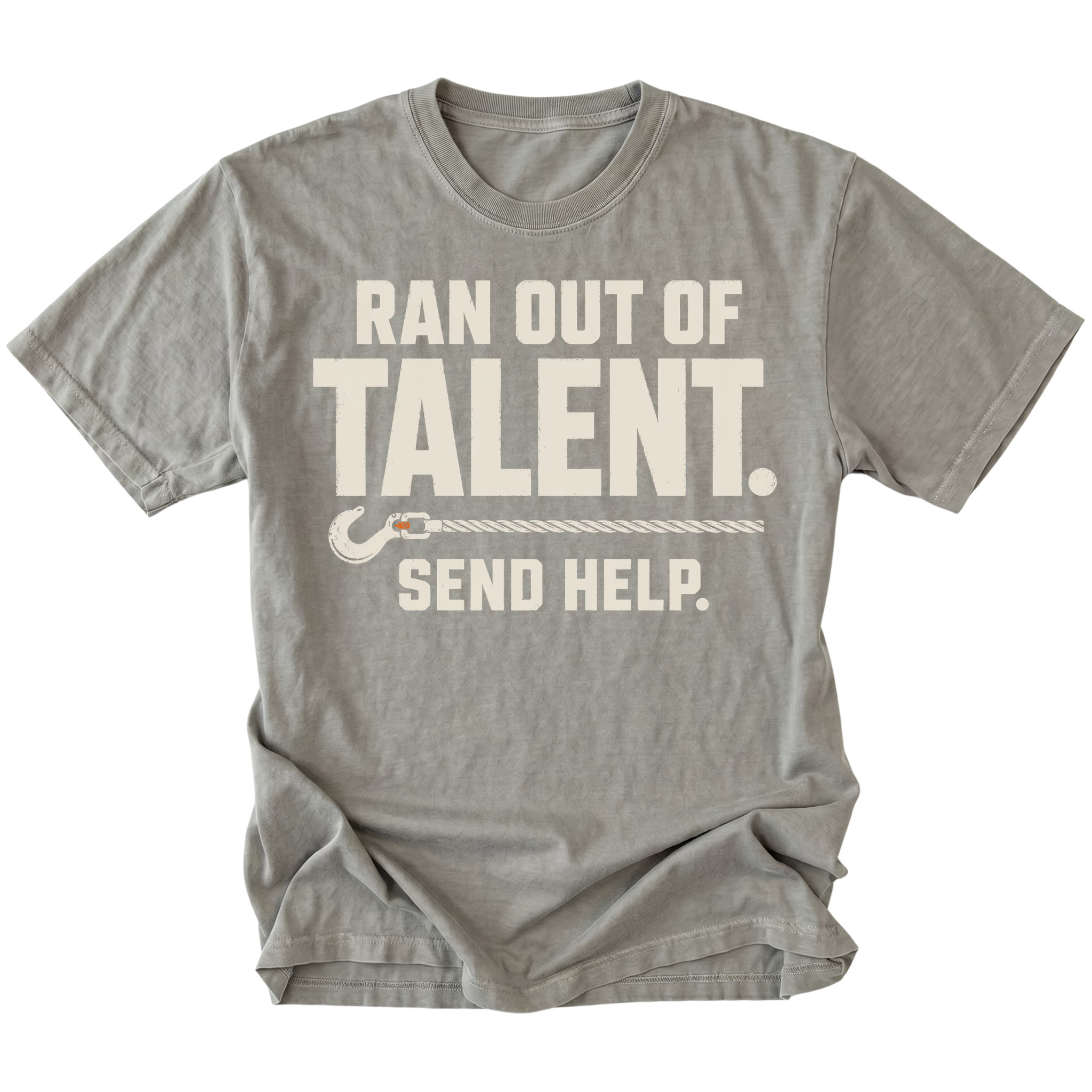 Grey T-shirt featuring the Out of Talent recovery hook design on the front by Trail Snark.