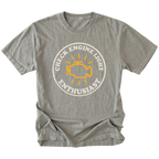 Grey t-shirt featuring check engine light enthusiast circular engine warning graphic shown from the front by Trail Snark.