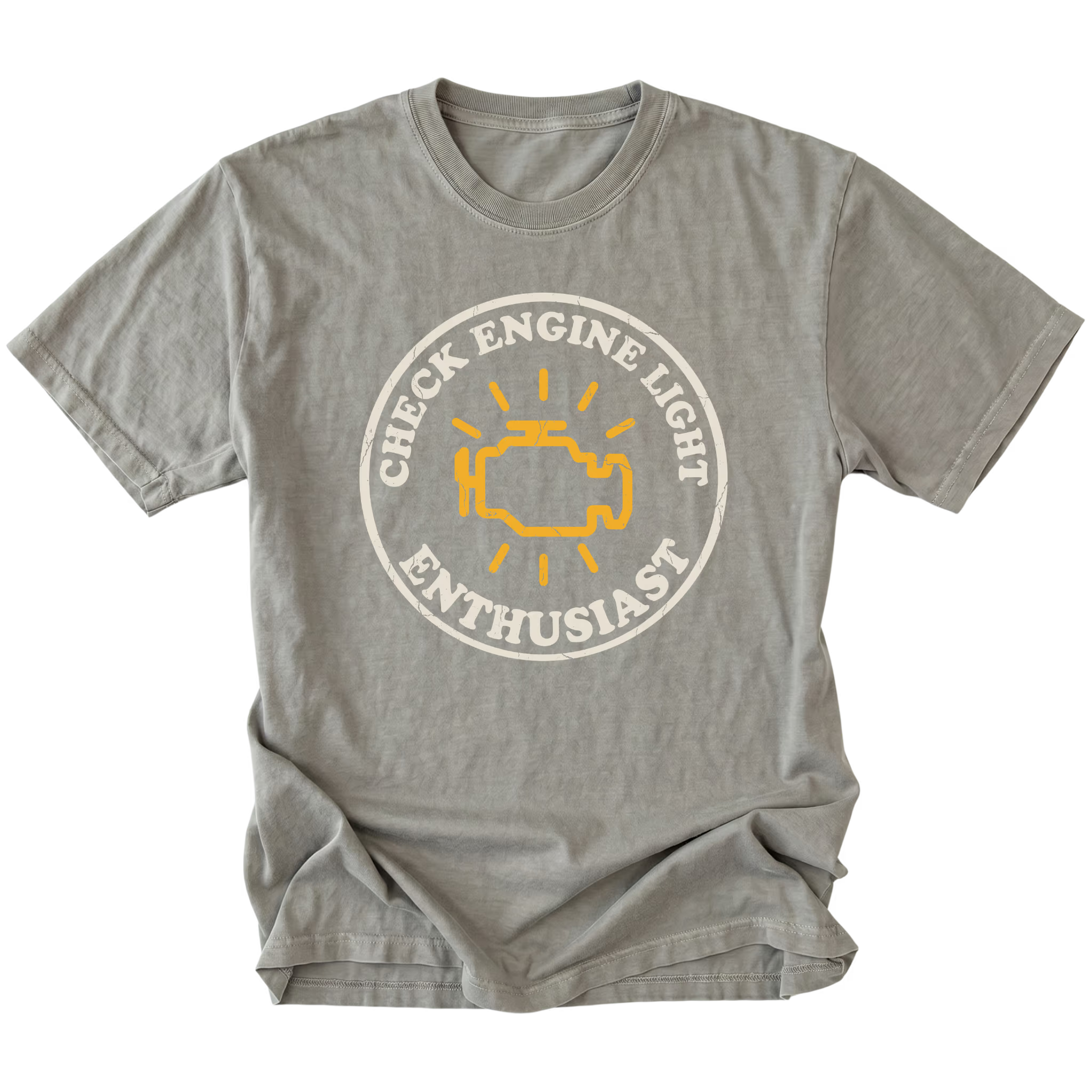 Grey t-shirt featuring check engine light enthusiast circular engine warning graphic shown from the front by Trail Snark.