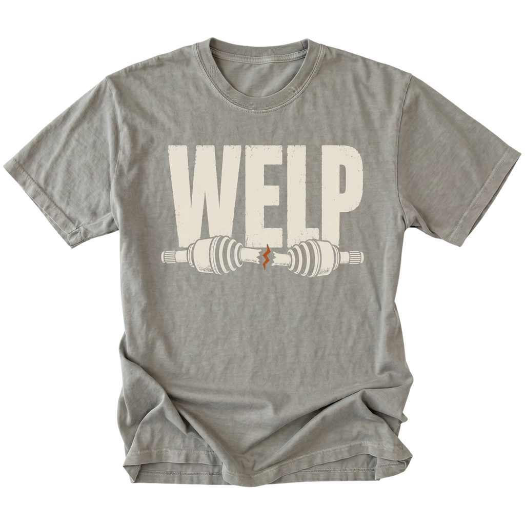 Grey T-shirt with Welp broken axle design shown from the front by Trail Snark.