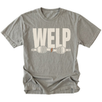 Grey T-shirt with Welp broken axle design shown from the front by Trail Snark.
