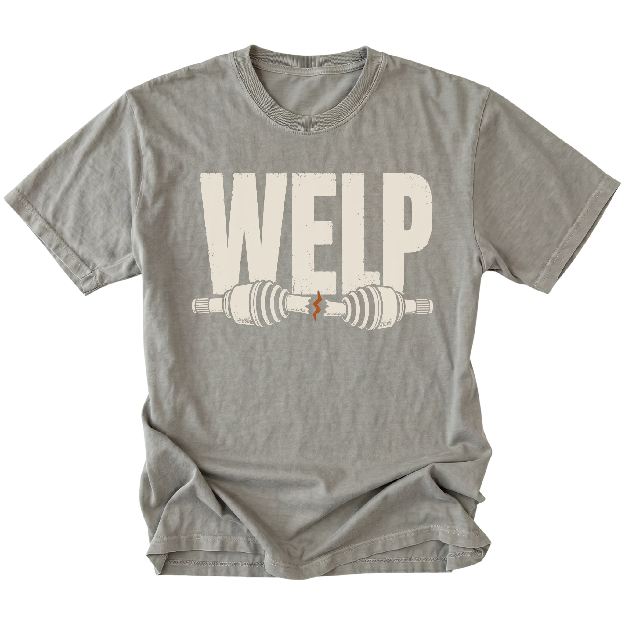 Grey T-shirt with Welp broken axle design shown from the front by Trail Snark.