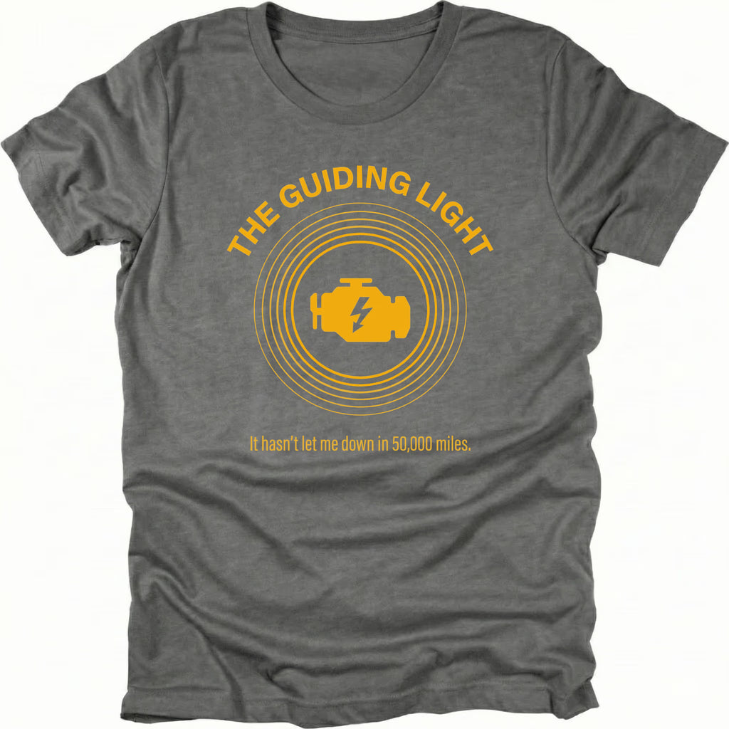 Grey T-Shirt with circular graphic and check engine light icon reading “The Guiding Light” shown on front view by Trail Snark.