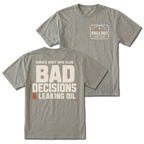 Grey T-shirt with Single Digit MPG Club front print and Bad Decisions & Leaking Oil back design shown front and back by Trail Snark.