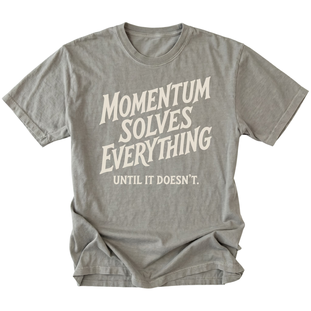 A gray short-sleeve t-shirt with a distressed cream-colored graphic text that reads 'MOMENTUM SOLVES EVERYTHING UNTIL IT DOESN'T.' on a solid white background.