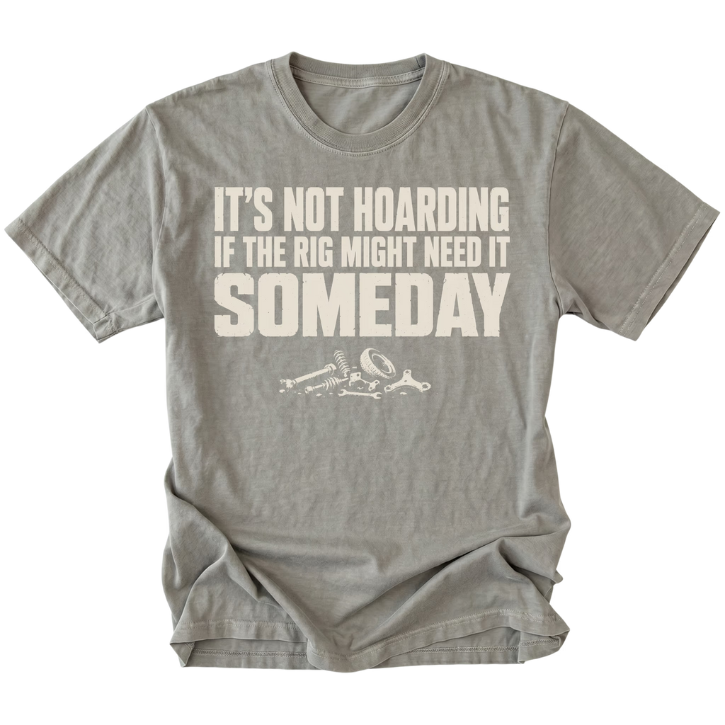 Grey t-shirt featuring the Parts Hoard design on the front by Trail Snark.