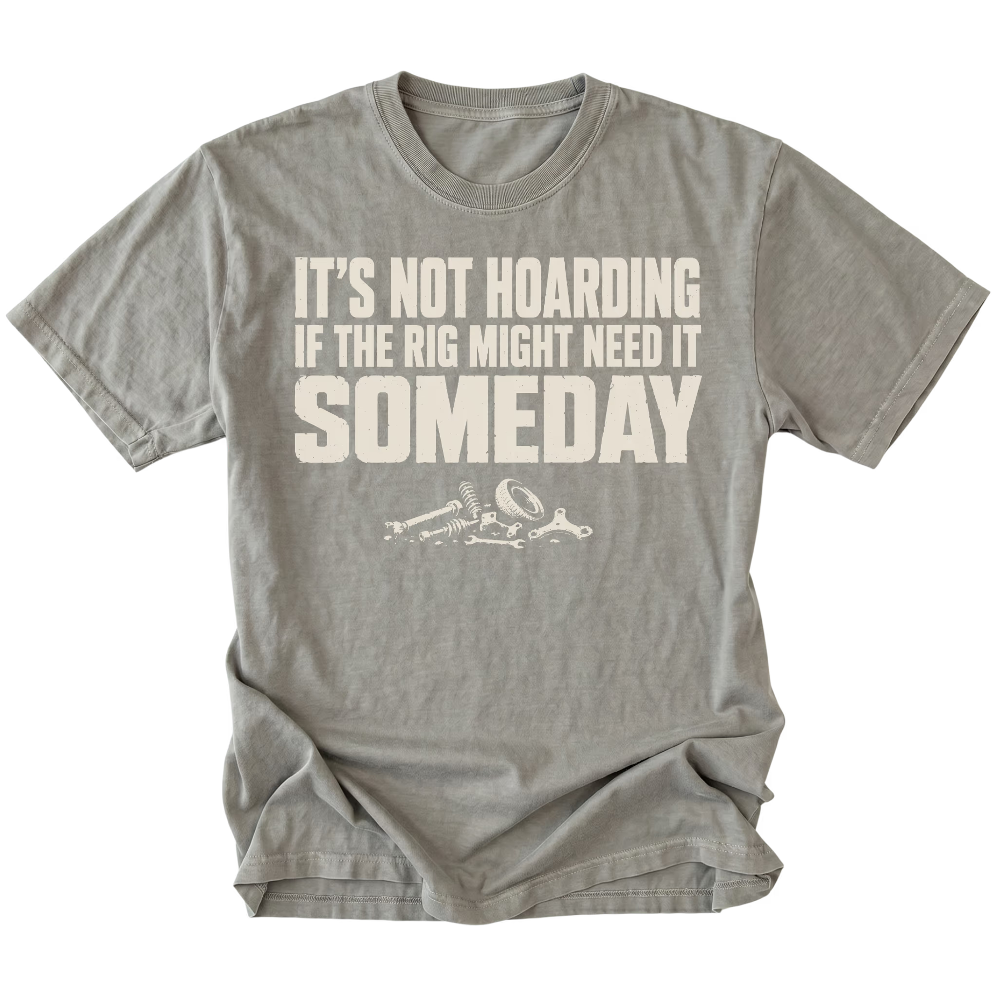 Grey t-shirt featuring the Parts Hoard design on the front by Trail Snark.