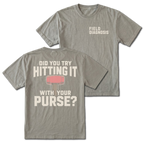 Grey t-shirt featuring the Field Diagnosis chest print on the front and the Purse Hammer design on the back by Trail Snark.