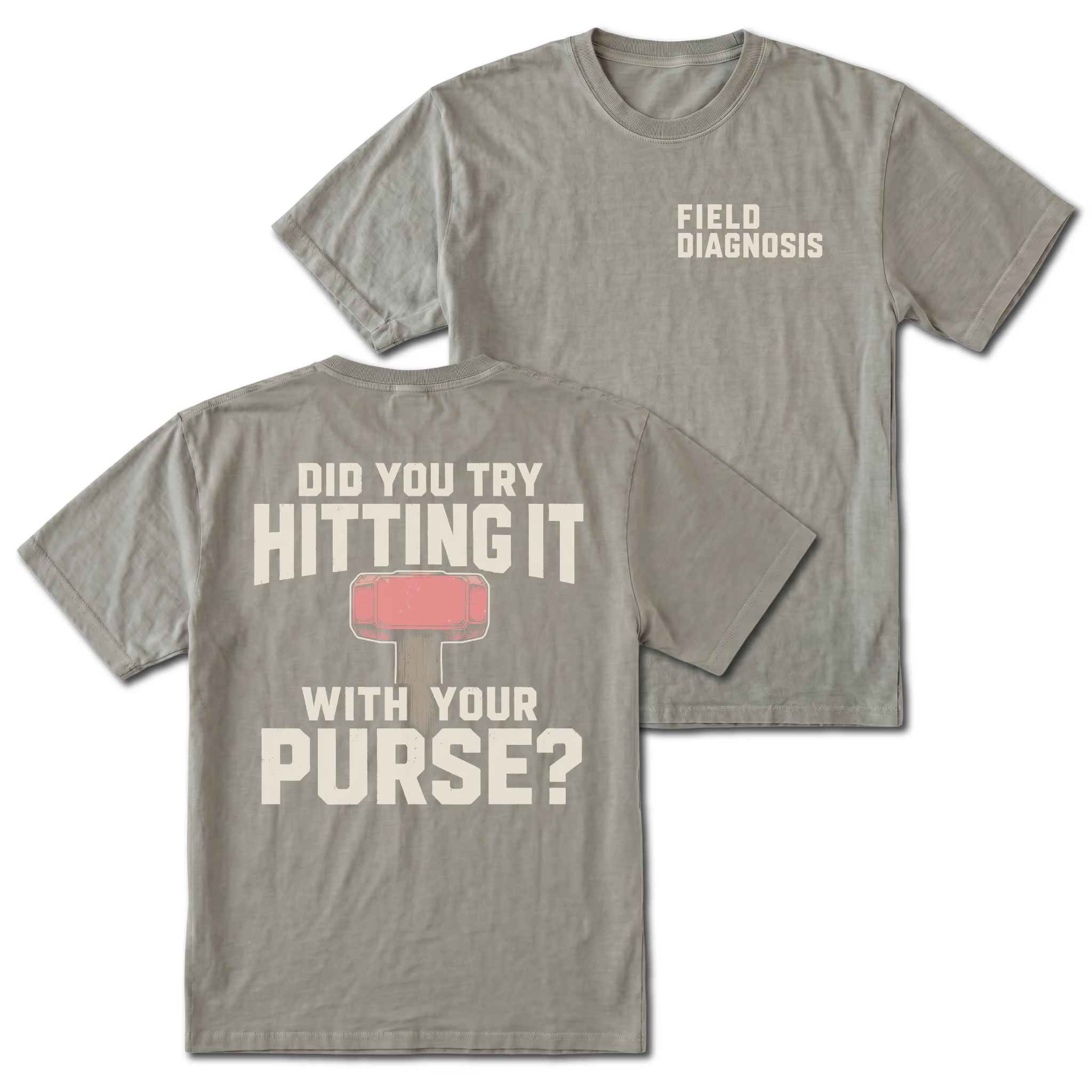 Grey t-shirt featuring the Field Diagnosis chest print on the front and the Purse Hammer design on the back by Trail Snark.