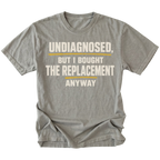 Grey t-shirt featuring the Replacement Anyway design on the front by Trail Snark.