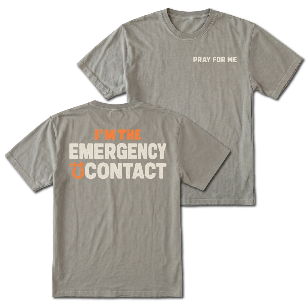 Grey T-shirt with Pray for Me on the front and the Emergency Contact design on the back by Trail Snark.