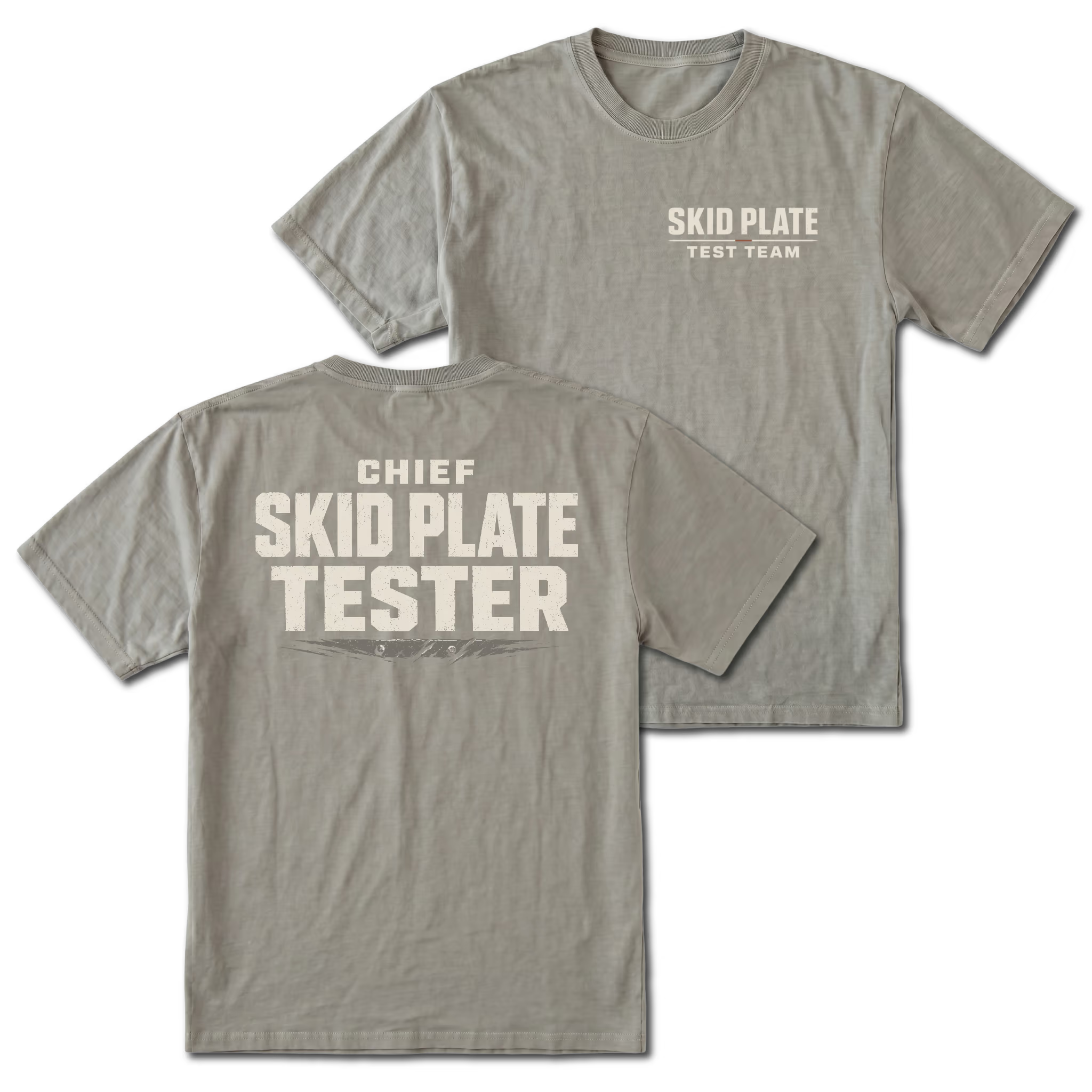 Grey T-Shirt with Skid Plate Test Team front design and Chief Skid Plate Tester back design shown by Trail Snark.