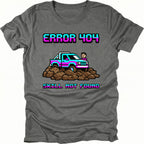 Grey t-shirt featuring pixel art off-road vehicle with error 404 skill not found text graphic shown from the front by Trail Snark.