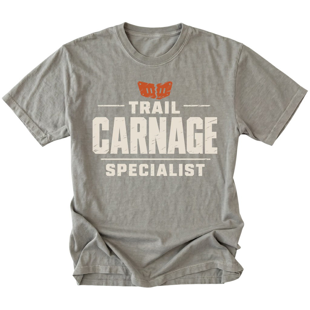 Grey T-shirt featuring the Trail Carnage Specialist design on the front by Trail Snark.