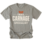 Grey T-shirt featuring the Trail Carnage Specialist design on the front by Trail Snark.