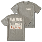 Grey T-Shirt with Parts Counter Therapy front design and New Mods Count As Therapy back design shown in front and back views by Trail Snark.
