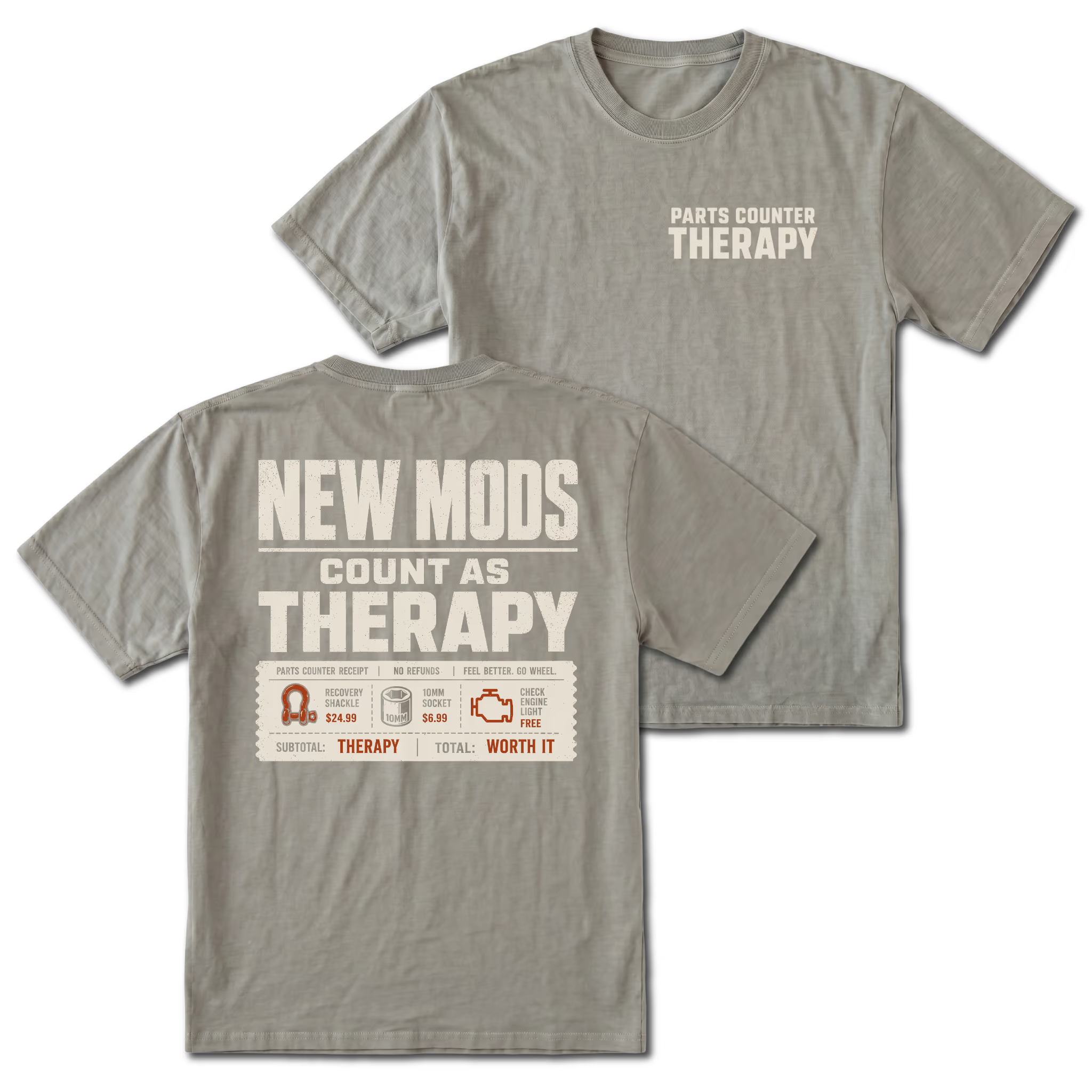 Grey T-Shirt with Parts Counter Therapy front design and New Mods Count As Therapy back design shown in front and back views by Trail Snark.