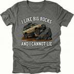 Grey t-shirt featuring an off-road SUV climbing large rocks with the text I Like Big Rocks And I Cannot Lie, front view by Trail Snark.
