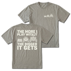 Grey T-shirt with The More I Play With It The Bigger It Gets Jeep build design shown from the back view by Trail Snark.
