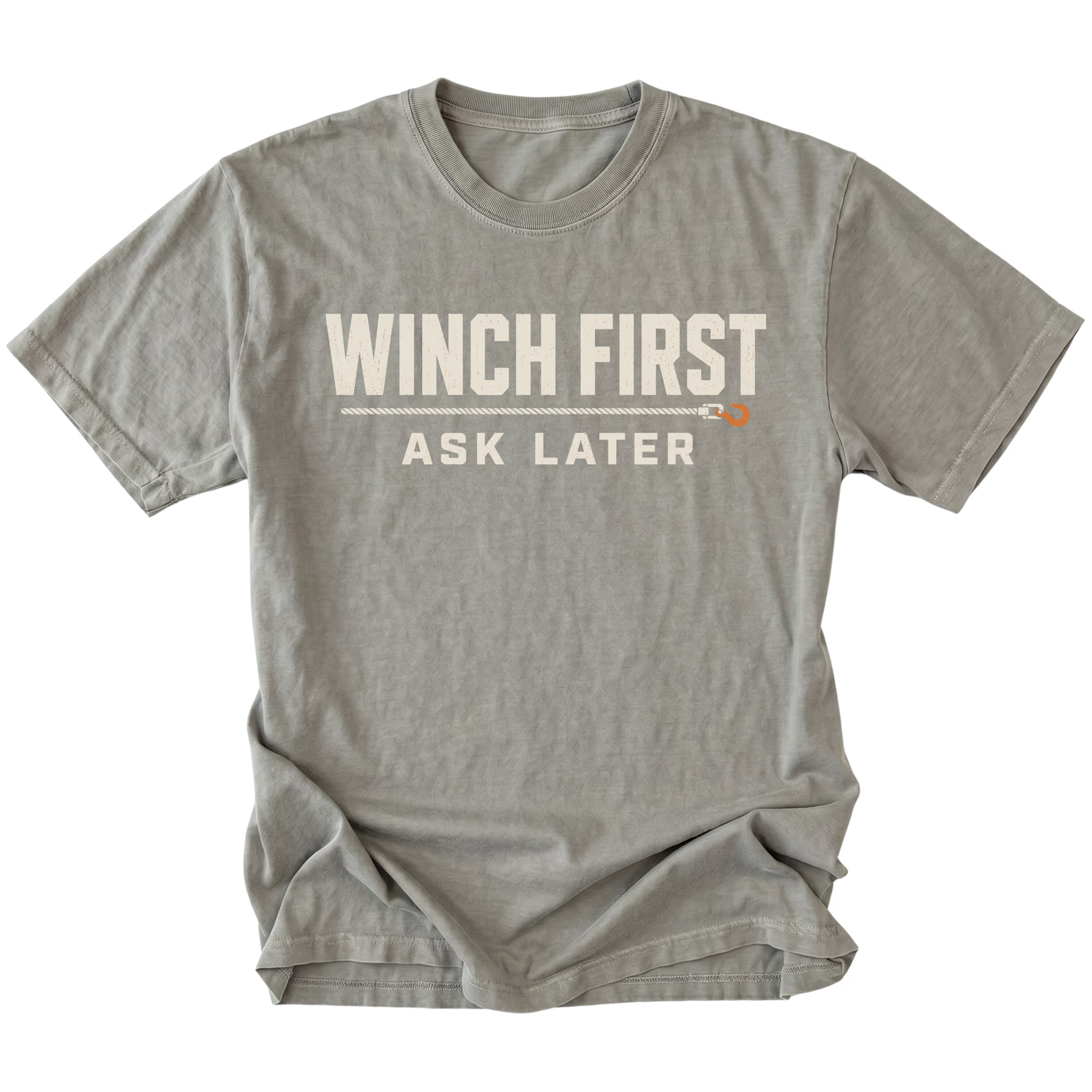 Grey T-Shirt with Winch First Ask Later off-road recovery design shown from the front by Trail Snark.