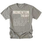 A gray crewneck t-shirt with a humorous graphic print styled like a dictionary definition for 'Momentum Theory'. The print features the text 'MOMENTUM THEORY' in bold capital letters, followed by 'FIELD PRINCIPLE No.