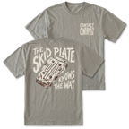 A gray t-shirt shown from both the front and back. The front features a small beige graphic on the left chest reading 'CONTACT CONFIRMED' with a small flag.